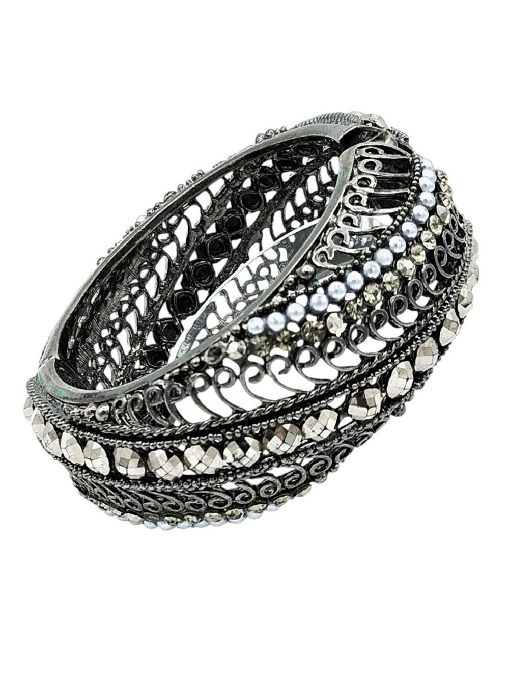 Gunmetal Crystal Faux Pearl Filigree Clamper Bracelet 7" Goth Glam